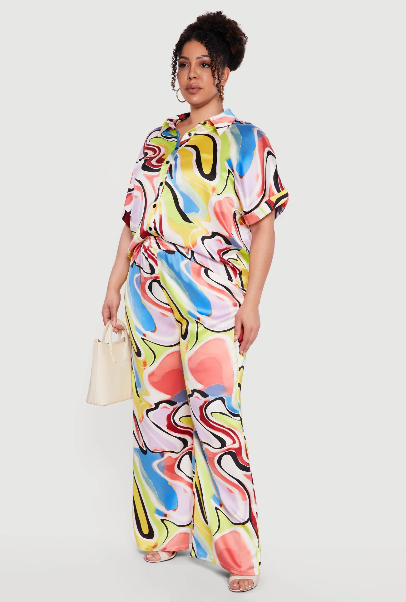 Plus Size Satin Psychedelic Swirl Palazzo Pants | Rainbow Shops