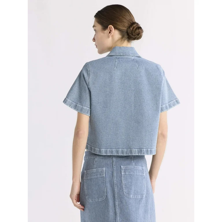Free Assembly Women's and Women's Plus Striped Denim Cropped Shirt, Sizes XS-4X - Walmart.com | Walmart (US)