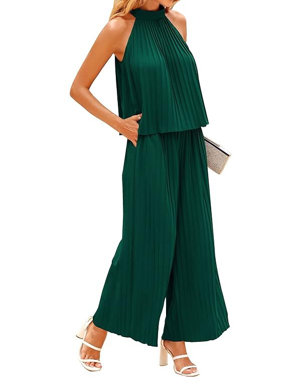 dowerme Women's 2 Piece Outfits 2023 Halter Neck Sleeveless Flowy Tie Back Top Long Wide Leg Pant... | Amazon (US)