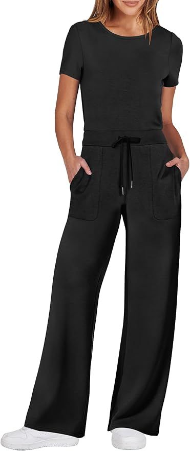 ANRABESS Jumpsuits for Women Casual Summer 2024 Short Sleeve Loose Wide leg Pants Dressy Romper J... | Amazon (US)