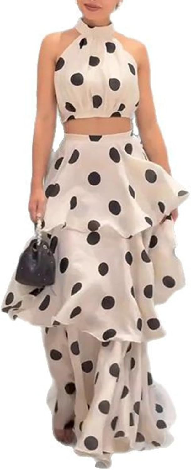 Wuitrie Summer Sexy 2 Piece Skirt Sets for Women Off-Shoulder Crop Top and Tiered A-Line Maxi Skirt Sweet Date Set Polka Dot | Amazon (US)