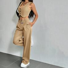 Summer Outfits Summer Sets Ladies Solid Color Vest Plaid Detail Pants Suit | SHEIN