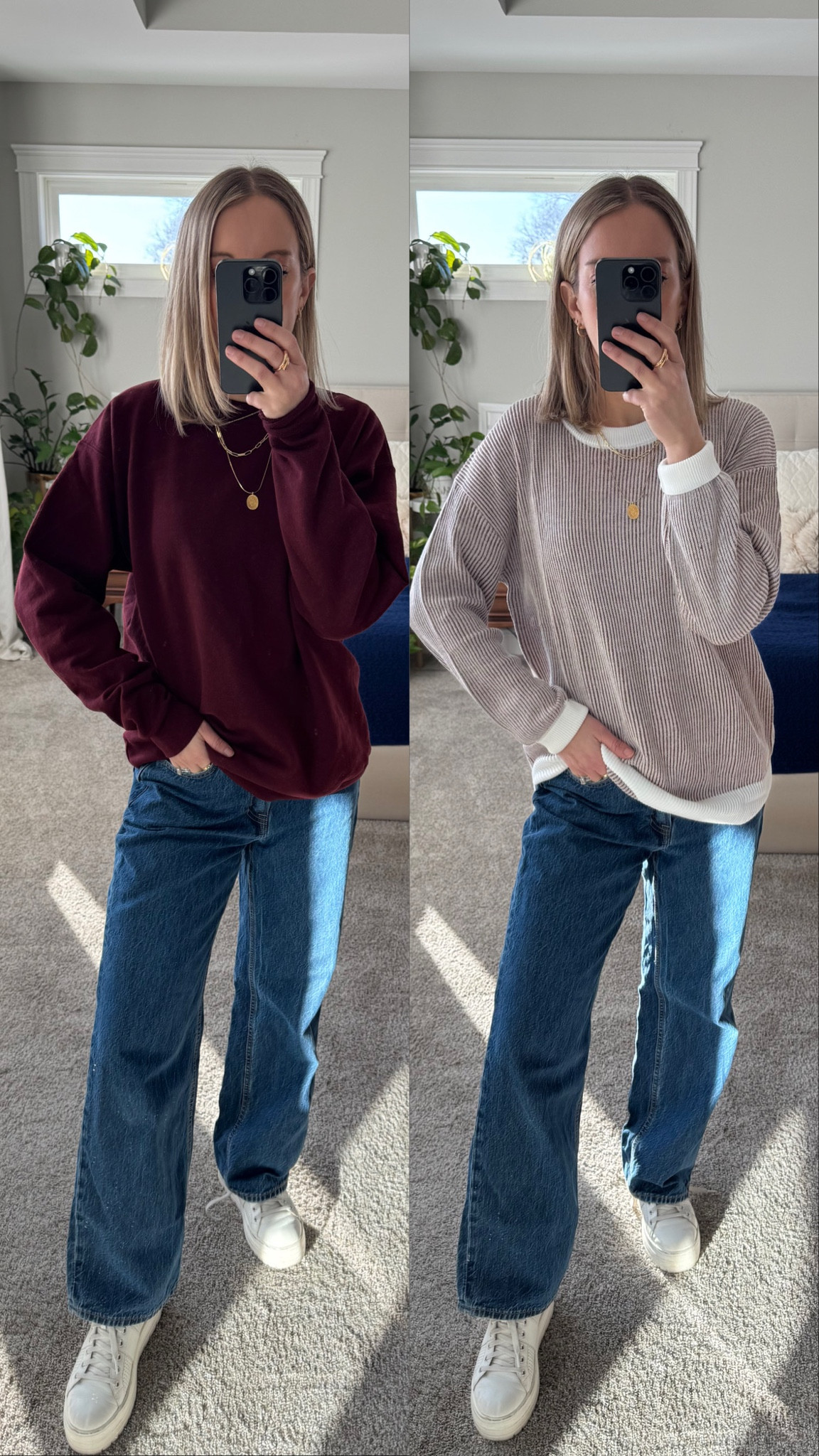 Wearing size medium in the maroon sweatshirt and small in the stripe one. 



#LTKStyleTip