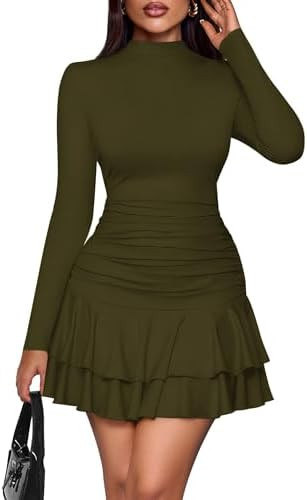 PRETTYGARDEN Women's Fall Long Sleeve Dresses 2026 Mock Neck Ruched Y2K Clothes Ruffle Layered Bo... | Amazon (US)