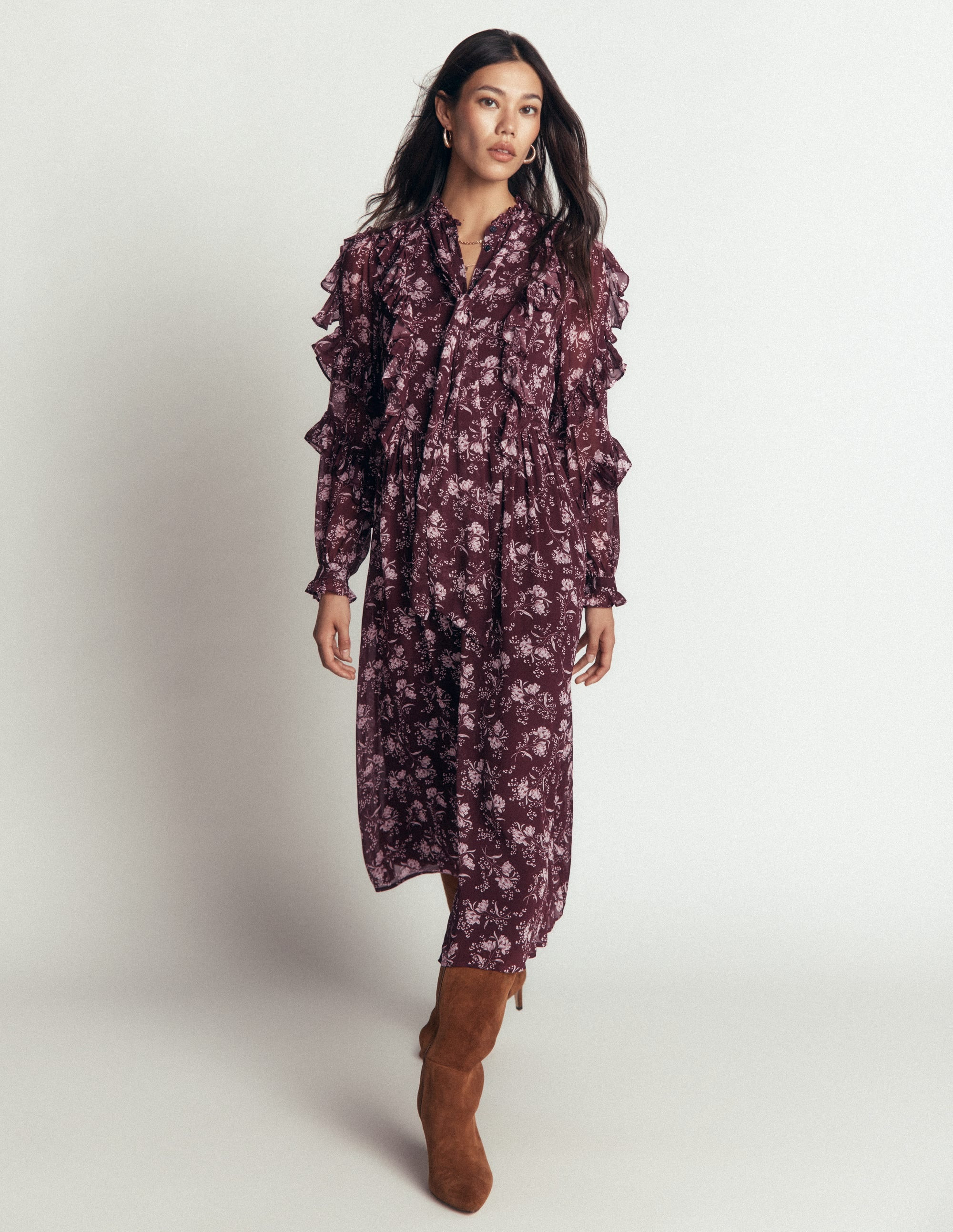 Ruffle Tie Neck Dress-Brown, Enchanted Sprigs | Boden (US)