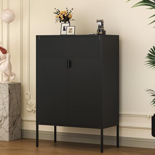 LTLTSOBU Black Metal Storage Cabinet with 2 Doors - 47''H Locker Cabinet, 3 Tier Locker Door with Adjustable Shelves,Metal Sideboard for Home, Living Room,Office Kitchen and Bathroom | Amazon (US)