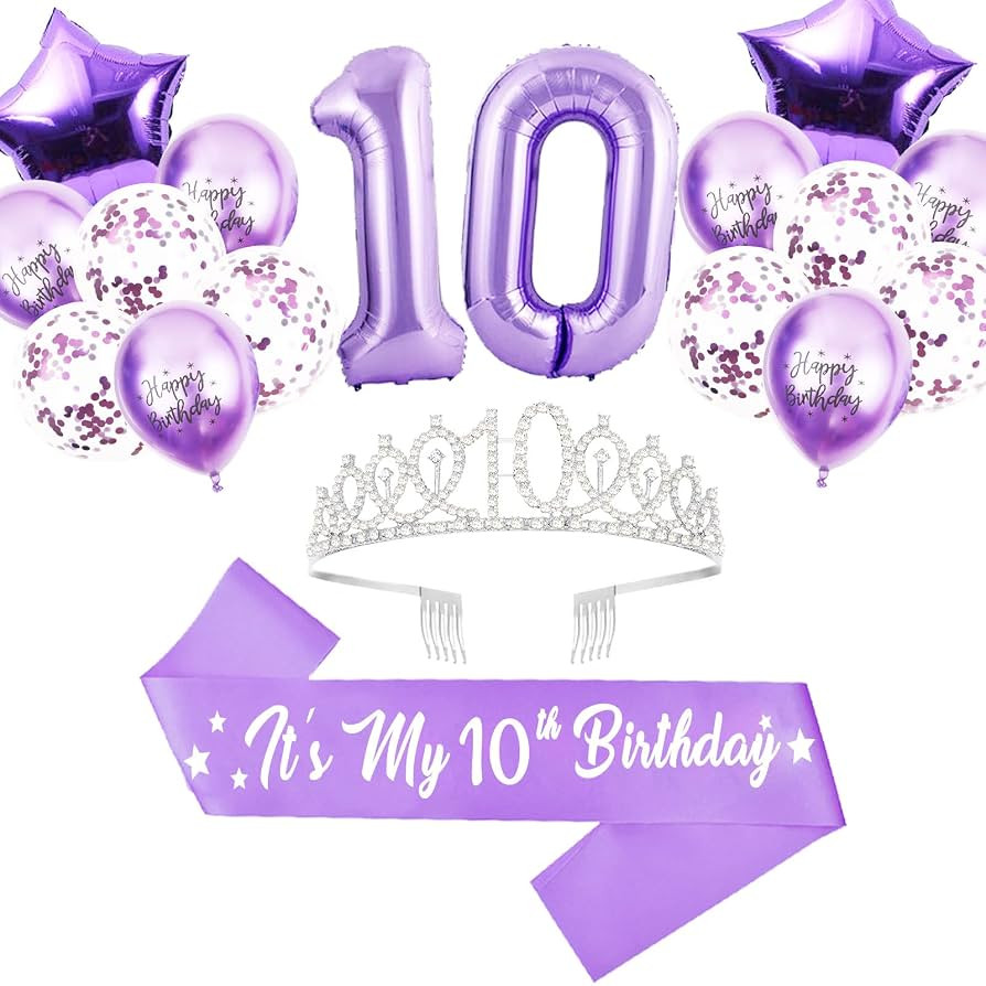 Lavender and Silver 10th Birthday Package: Glitter Sash, Crown, Foil Balloons & Latex Balloons | Amazon (US)