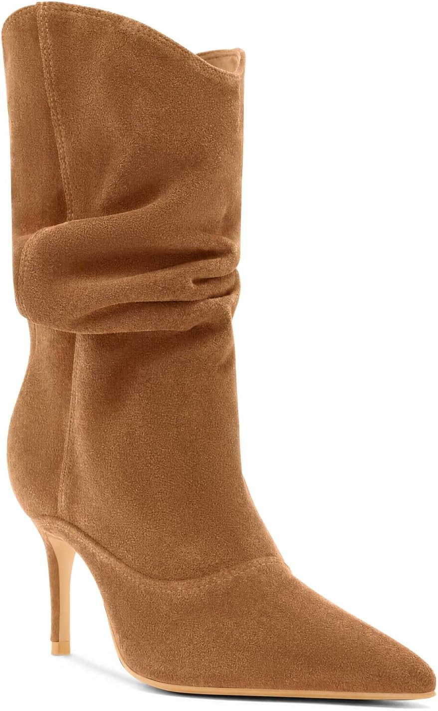Coutgo Womens Slouch Mid Calf Boots High Heel Pointed Toe Dressy Booties | Amazon (US)