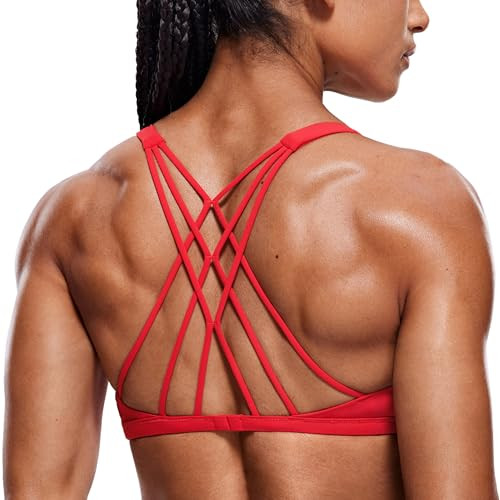 CRZ YOGA Women's Strappy Sports Bra - Criss Cross Back Padded Medium Support Wireless Gym Bra Sexy Workout Yoga Bra Deep Red Large | Amazon (US)