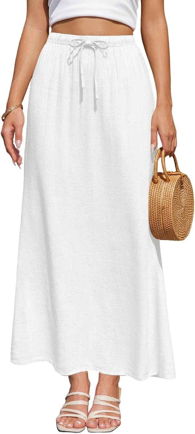Facogoo Women's Linen Maxi Skirt Drawstring Back Slit Elastic High Waisted Flowy 2026 Summer Whit... | Amazon (US)