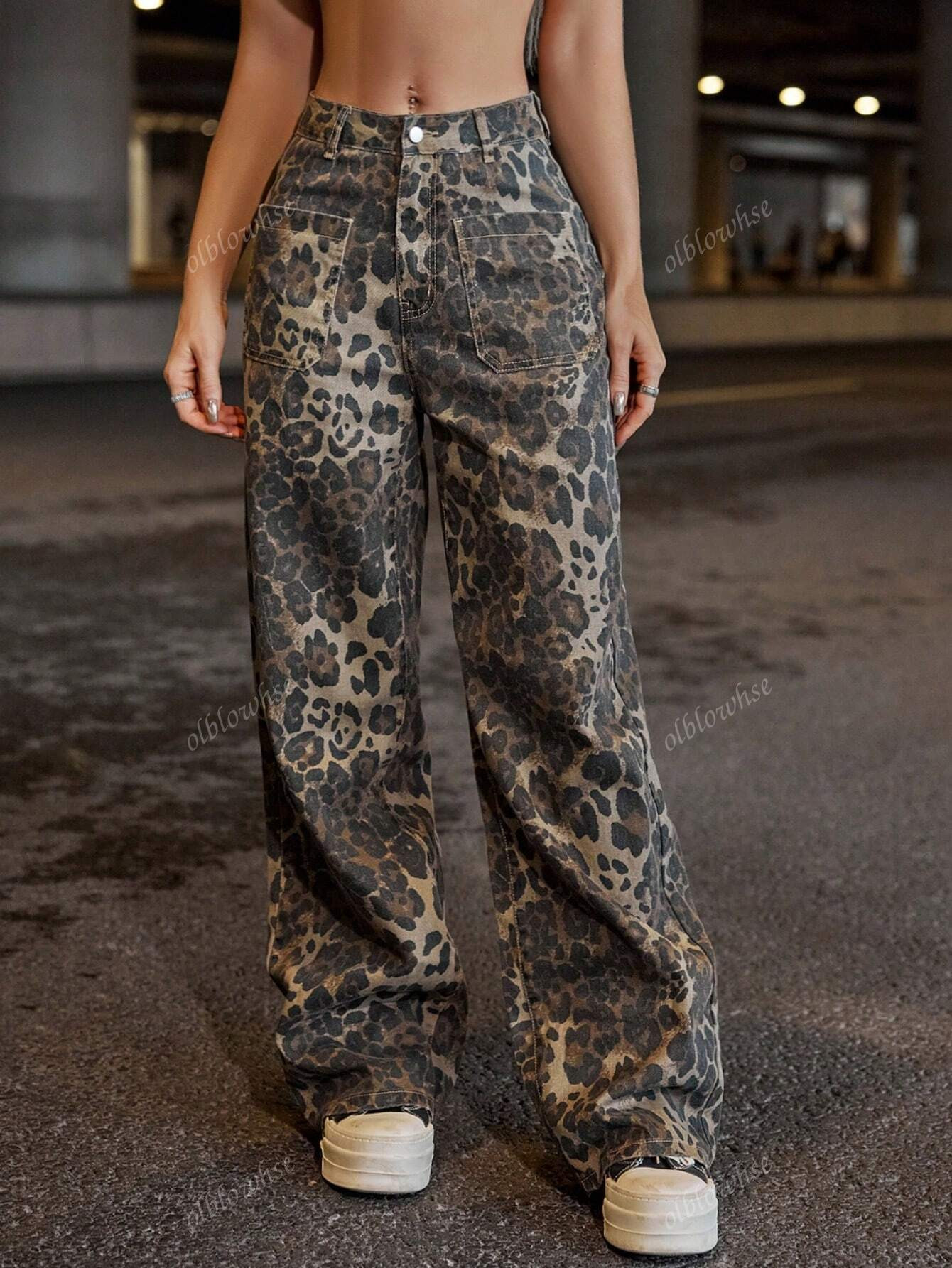 Street Vintage Leopard Print High Waist Dual Pocket Contrast Seam Straight Leg Jeans Classic Deni... | SHEIN
