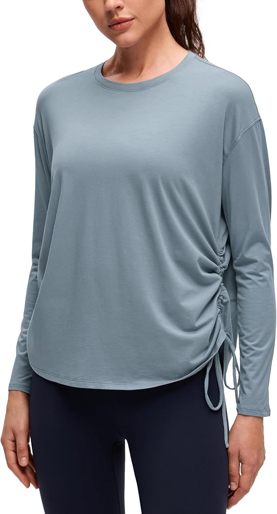 CRZ YOGA Pima Cotton Side Ruched Shirts for Women - Casual Workout Yoga Long Sleeve Tops Loose Cr... | Amazon (US)