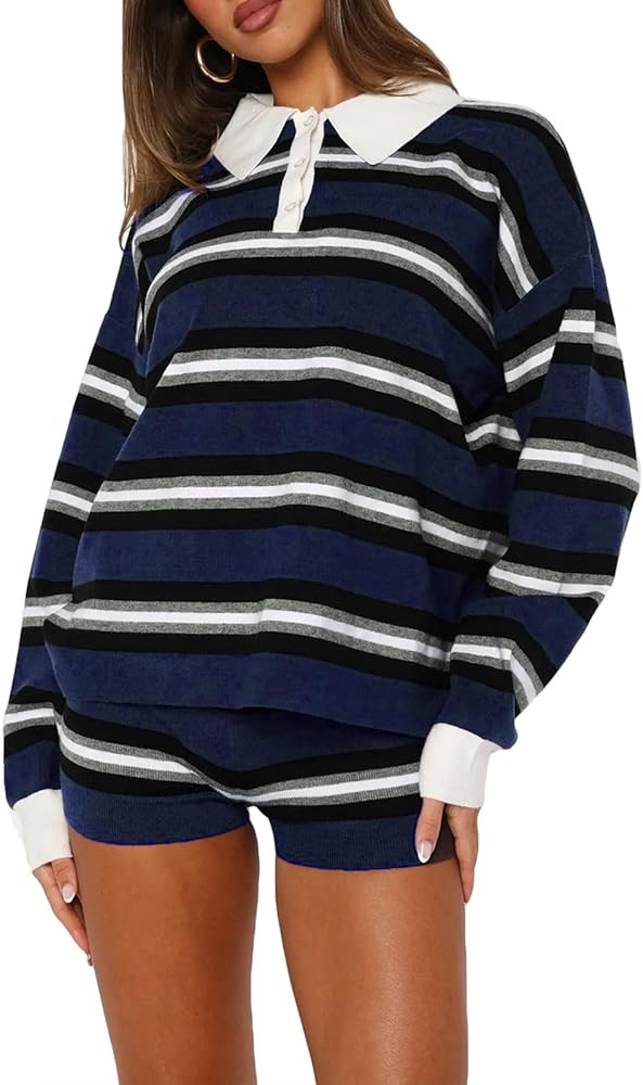 Stirped Sweater Sets Women 2 Piece Outfits Color Block Polo Collar Rugby Shirt Knit Shorts Matchi... | Amazon (US)