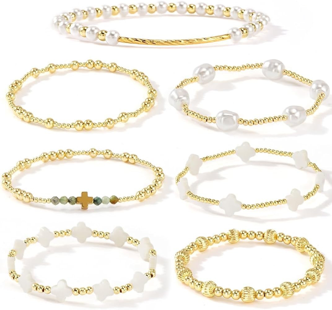 Dainty Cross Clover Gold Beaded Pearl Bracelet Stack for Women,Handmade Boho Gold Plated Beads St... | Amazon (US)