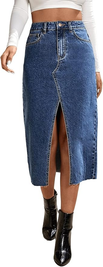 SweatyRocks Women's Casual Denim Skirt High Waist Split Front Long Jean Skirts | Amazon (US)