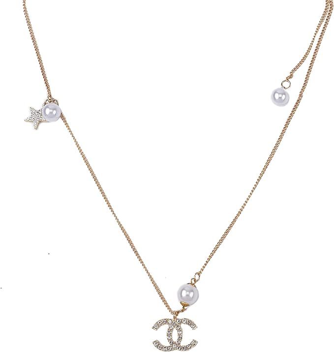 Saturn Double CC Pearl Necklace Classic Chocker Fashion Trendy Pendant Jewelry | Amazon (US)