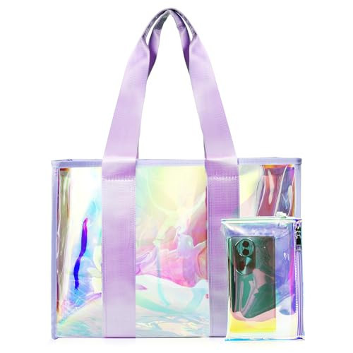 Didida Large Beach Tote Bag For Women 26L With Touch Screen Phone Bag Clear Waterproof Sandproof Beach Shoulder Bag Handbag, Purple | Amazon (US)