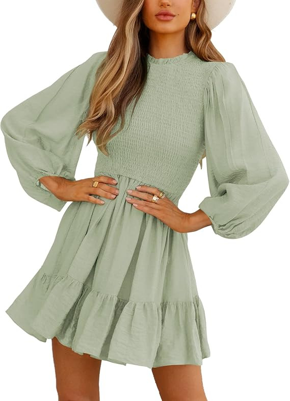 Merzhiiry Smocked Puff Sleeve Square Neck Dress for Women Ruffle Flowy Swing Tiered A Line Short ... | Amazon (US)