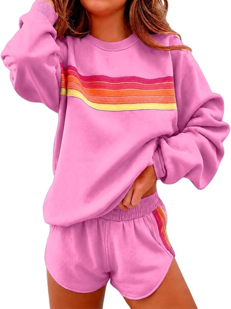 Womens 2 Piece Sets Rainbow Striped Outfits Soft Loungewear Sets | Amazon (US)