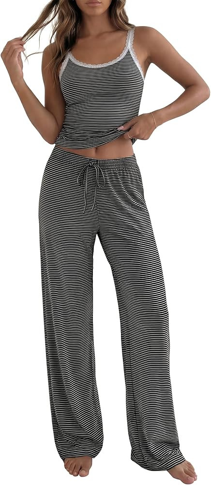BTFBM Lounge Sets For Women 2026 Striped 2 Piece Pajama Sets Spaghetti Strap Tops Wide Leg Pants ... | Amazon (US)