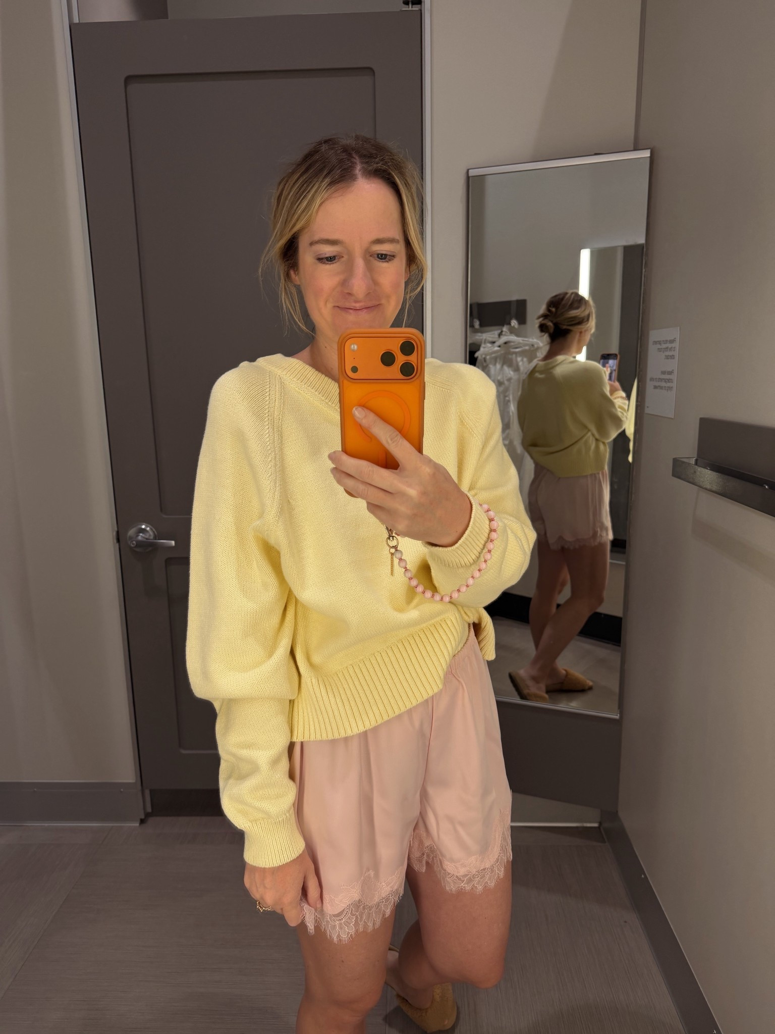 A little unexpected color combo! Butter yellow + light pink satin shorts. 

#LTKmomlife #LTKMidsize #LTKootd