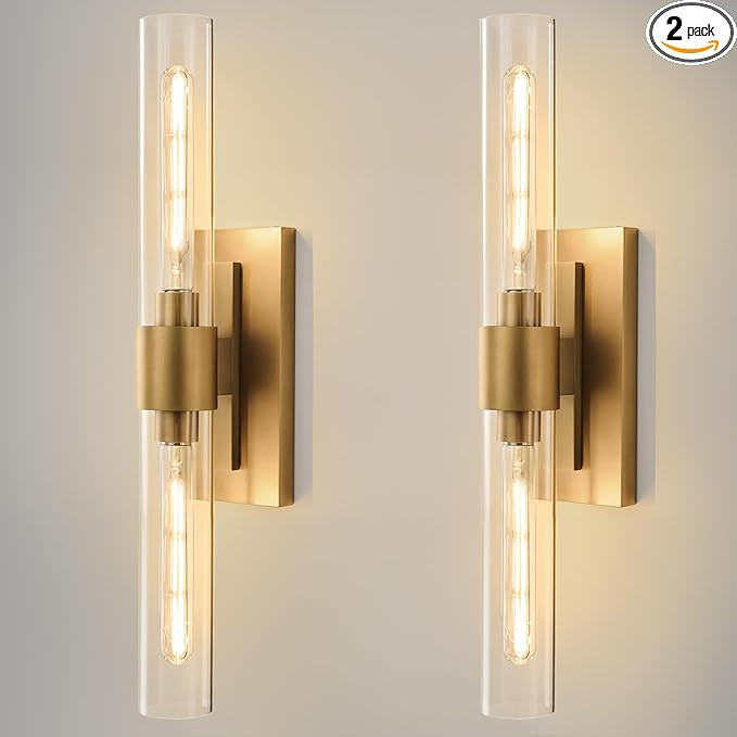 Champagne Brass Bathroom Wall Sconce - Set of 2 Modern Gold Light Sconces - Clear Glass Tube Vani... | Amazon (US)