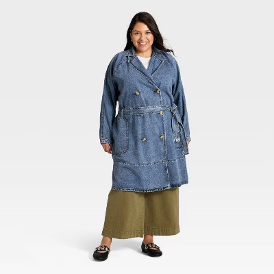 Women's Denim Trench Coat - Ava & Viv™ Medium Wash 4X | Target