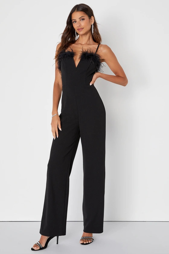 Glamorous Personality Black Feather Wide-Leg Jumpsuit | Lulus (US)