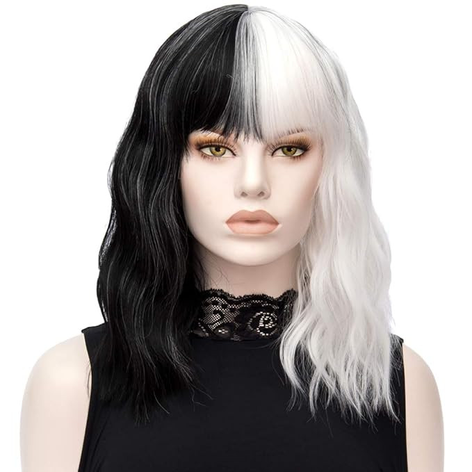 TANTAKO® Women Short Wavy Halloween Costume Wig Half Black Half White Heat Resistant Wig Carniva... | Amazon (US)
