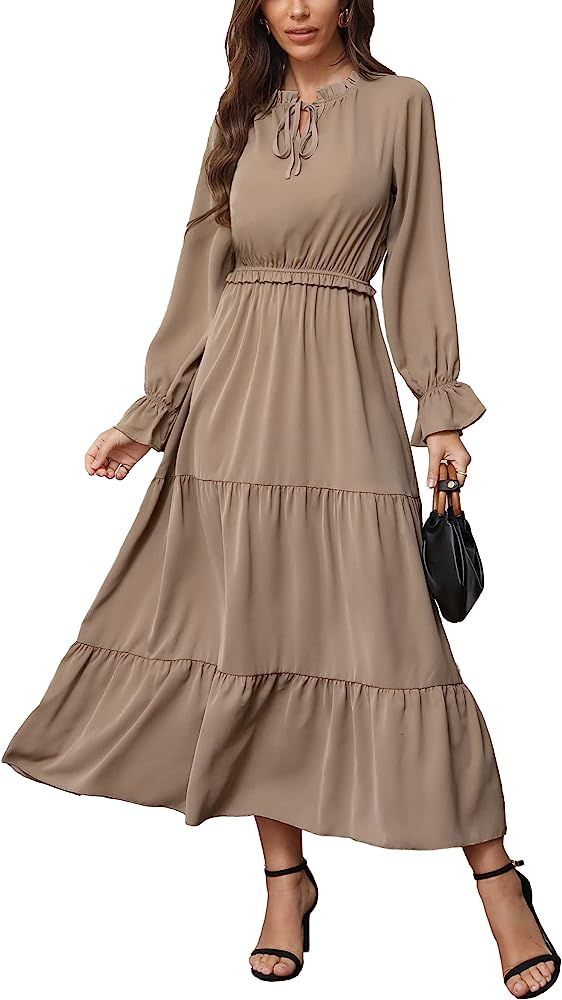 Amazon.com: KIRUNDO Women's Long Sleeve Crew Neck Maxi Dress Solid Color Tie Neck Casual High Wai... | Amazon (US)