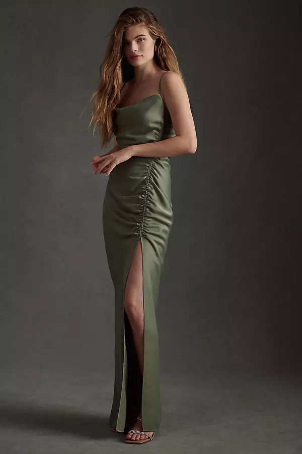BHLDN Jennings Cowl-Neck Ruched Side-Slit Satin Gown By BHLDN in Green Size 16 | Anthropologie (US)