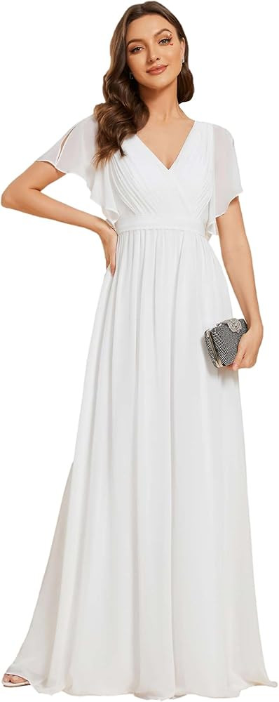 Ever-Pretty Women's Bridesmaid Dress V-Neck Ruffle Sleeves Ruched Bust Floor Length Chiffon Forma... | Amazon (US)
