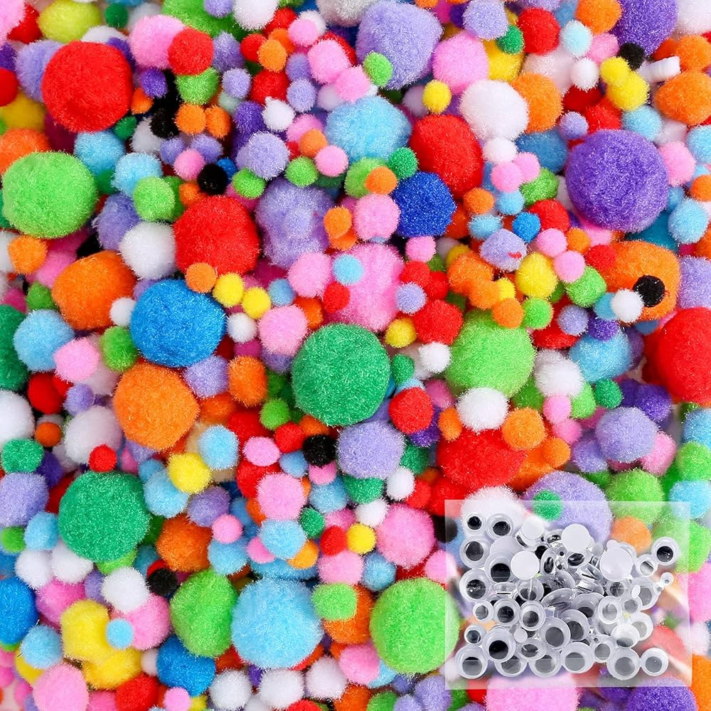 Caydo 1400PCS 5 Sizes Multicolor Pom Poms Assorted Pompoms Balls with 4 Sizes Wiggle Eyes for Kid... | Amazon (US)