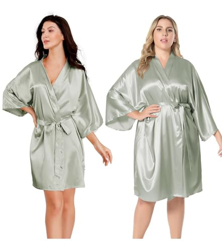 EPLAZA Women Silky Satin Robe Wedding Bridal Party Bride Bridesmaid Robes Kimono Loungewear Dressing Gowns (Grass green, Tag SM) | Amazon (US)