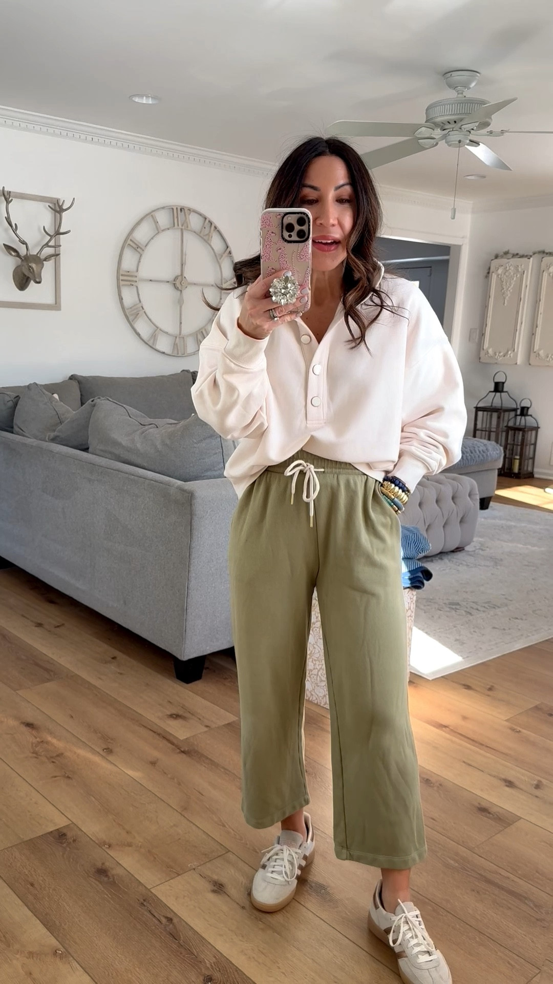 Small Henley sweatshirt. Xs sweatpants. Sneakers size down. Walmart fashion.

#LTKootd #LTKOver40