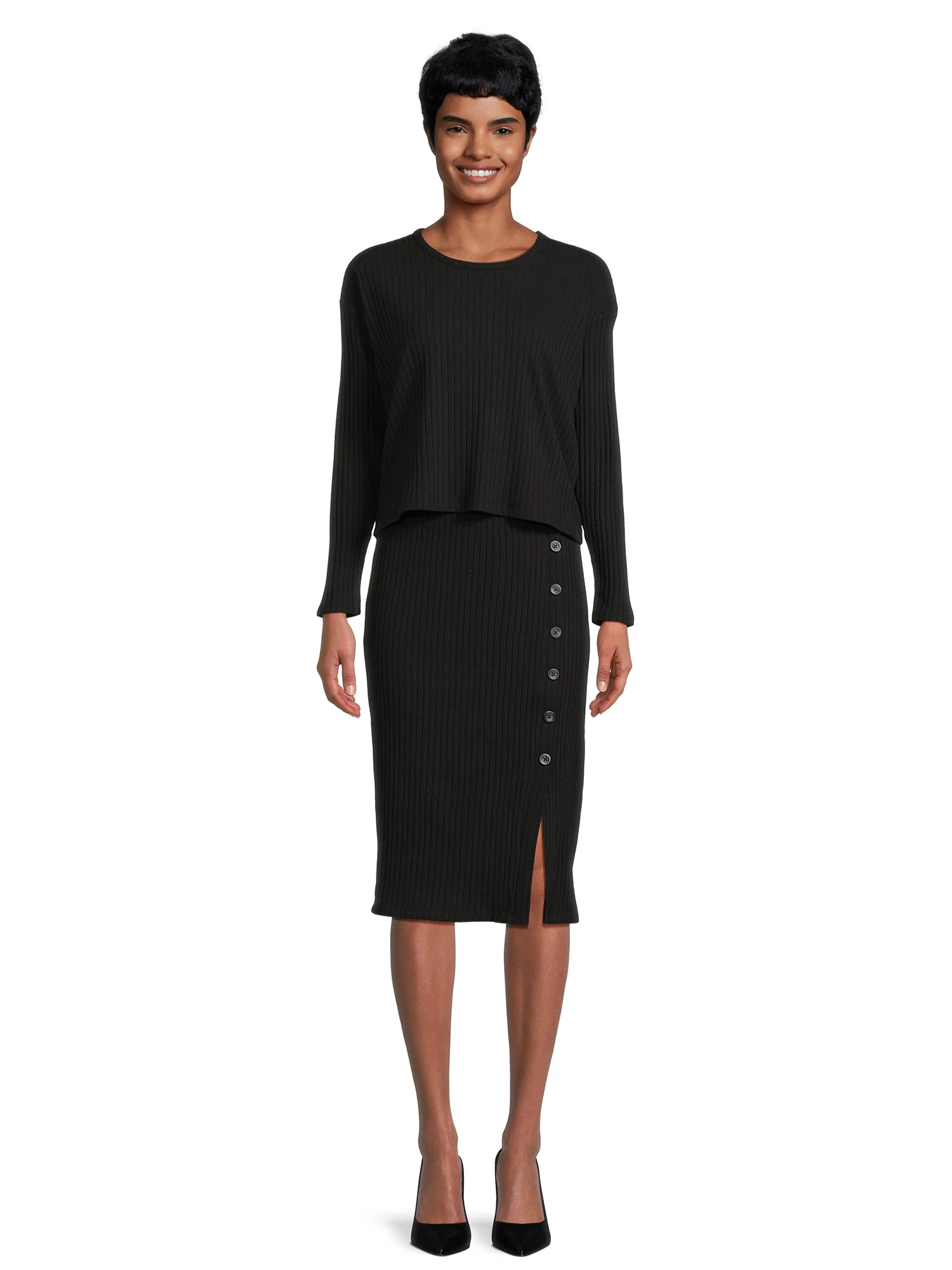 Time and Tru Women's Rib Knit Long Sleeve Top and Midi Skirt Set, 2-Piece , Sizes XS-XXL - Walmar... | Walmart (US)