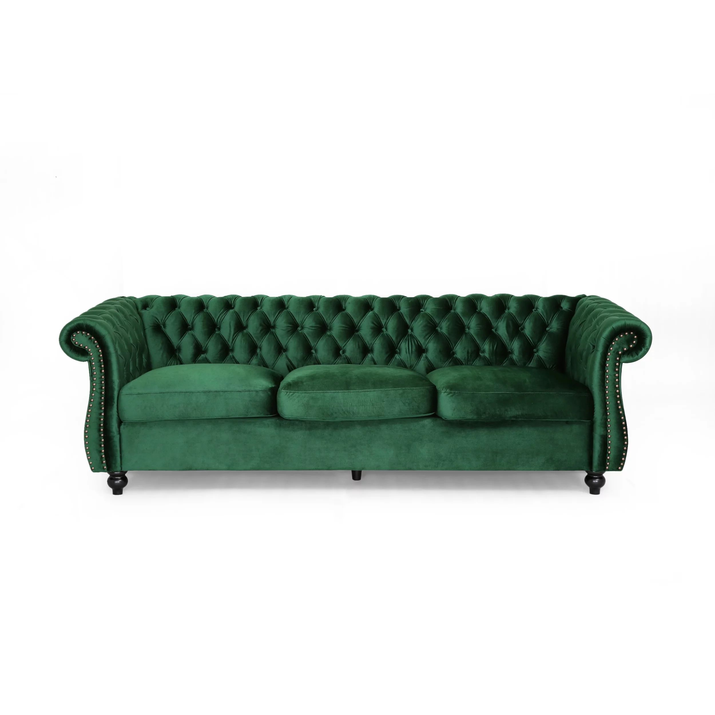 Kyle Chesterfield Tufted Jewel Toned Velvet Sofa with Scroll Arms, Emerald | Walmart (US)