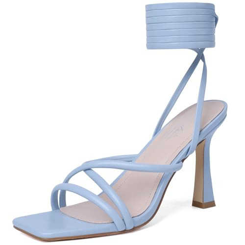Mostrin Light Blue Strappy Heels for Women - Lace Up, Tie Up Stiletto Heeled Sandals - Square Open Toe High Heels for Prom, Party and Weddings - Size 10.5 | Amazon (US)