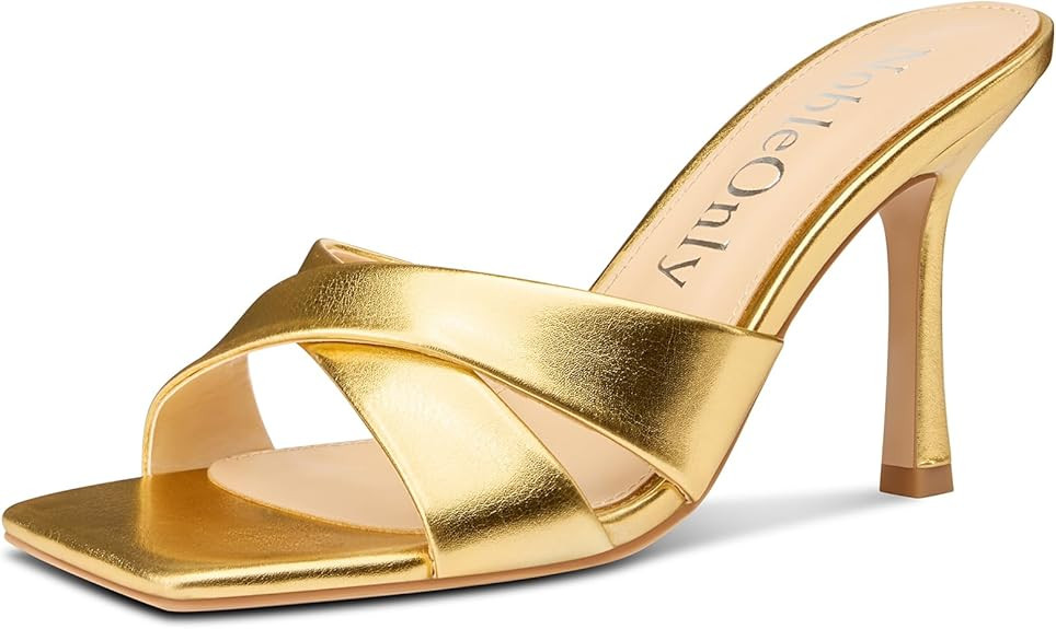 NobleOnly Womens High Stiletto Heels Open Square Toe Heeled Sandals Cross-Strap Slip-on Mules Sho... | Amazon (US)