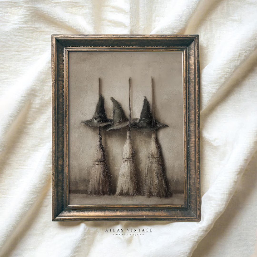 Vintage Witch Hats & Broom Print, Rustic Gothic Broomstick Printable Wall Art, Halloween Dark Aca... | Etsy (US)