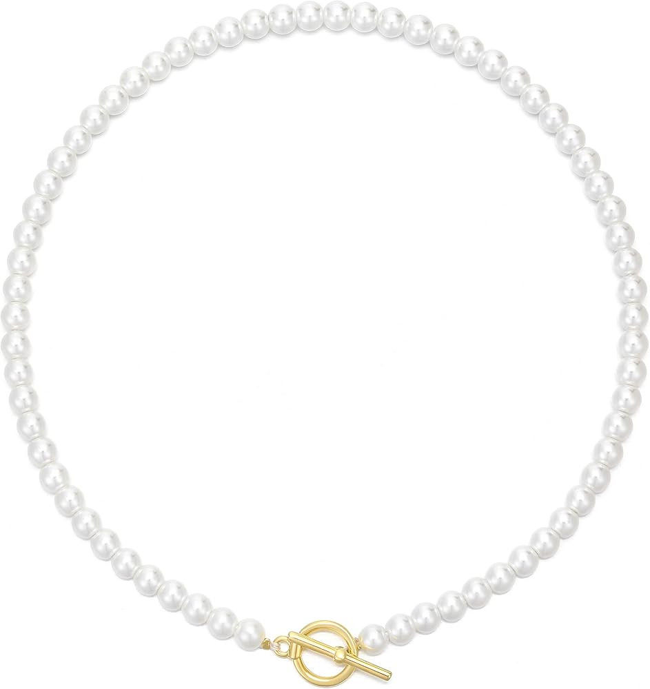 6mm Pearl Necklace Round White Pearl Choker Dainty Toggle Clasp Handmade 14" 16" 18" Pearl Strand... | Amazon (US)