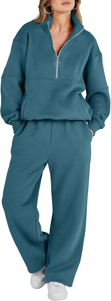 ANRABESS Women 2 Piece Outfits Sweatsuit Set 2023 Fall Oversized Half Zip Sweatshirt Wide Leg Swe... | Amazon (US)
