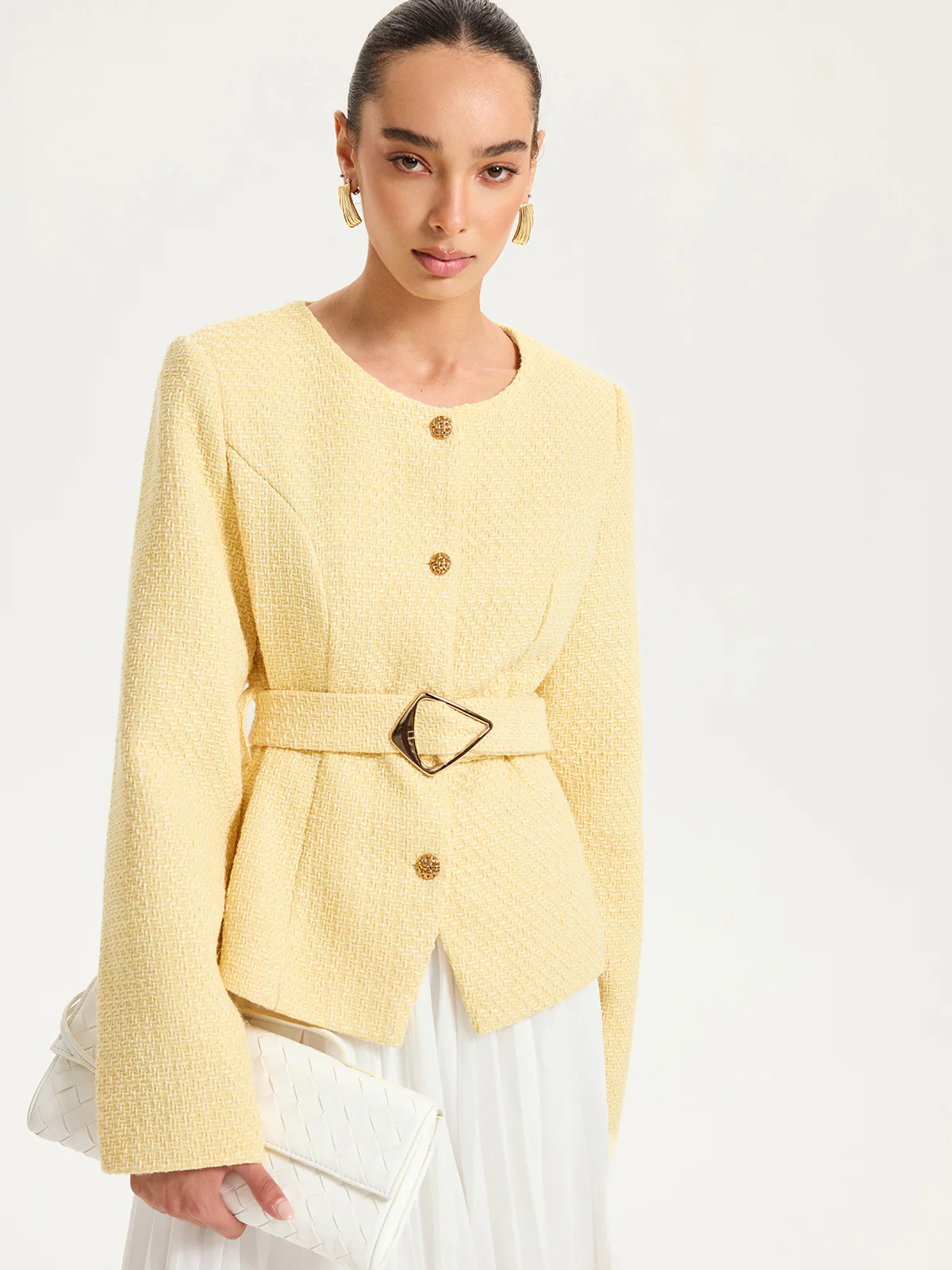 Tweed Belted Button-Front Blazer | Commense