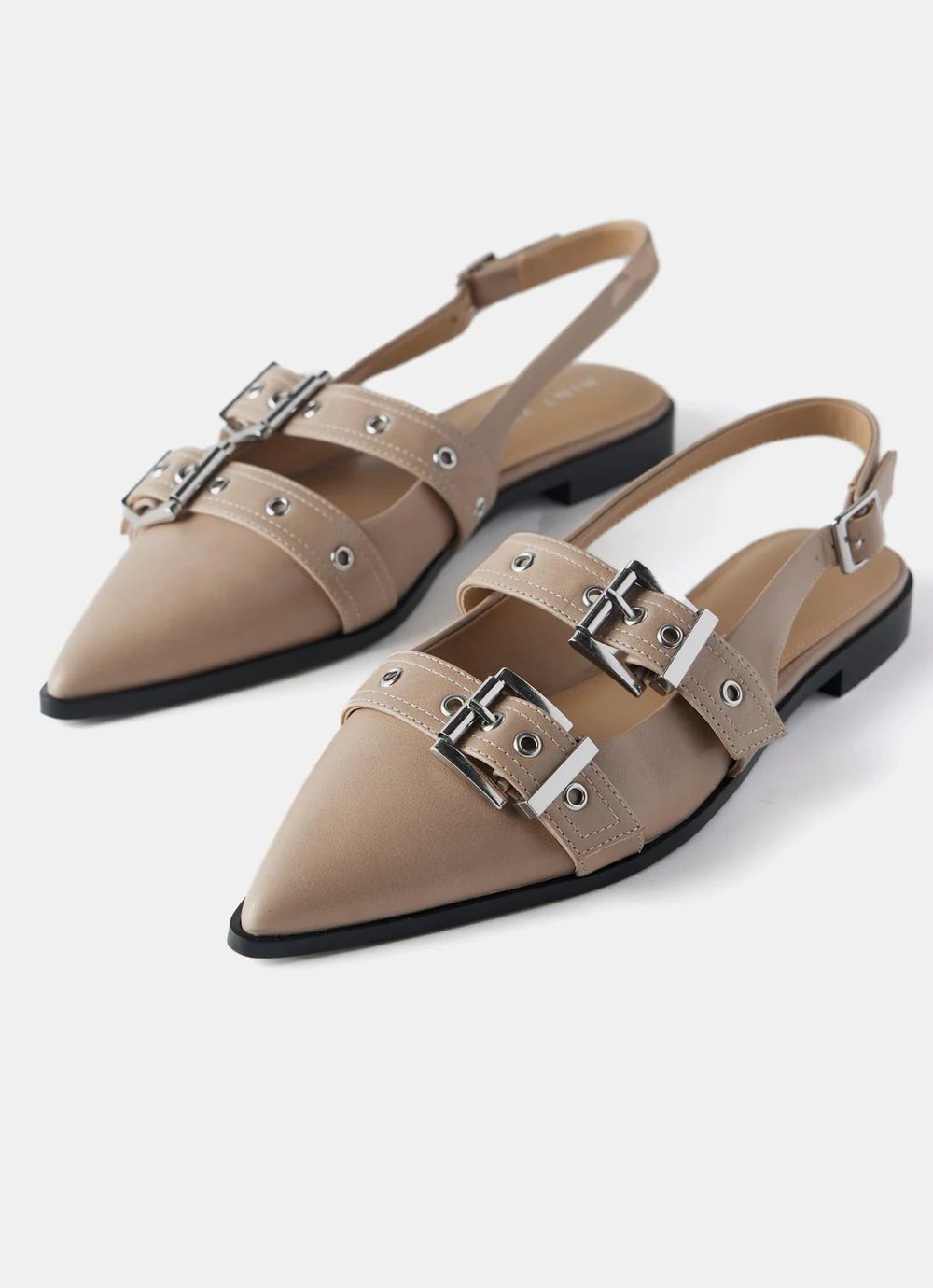 Taupe Leather Buckled Flat Shoes | Mint Velvet