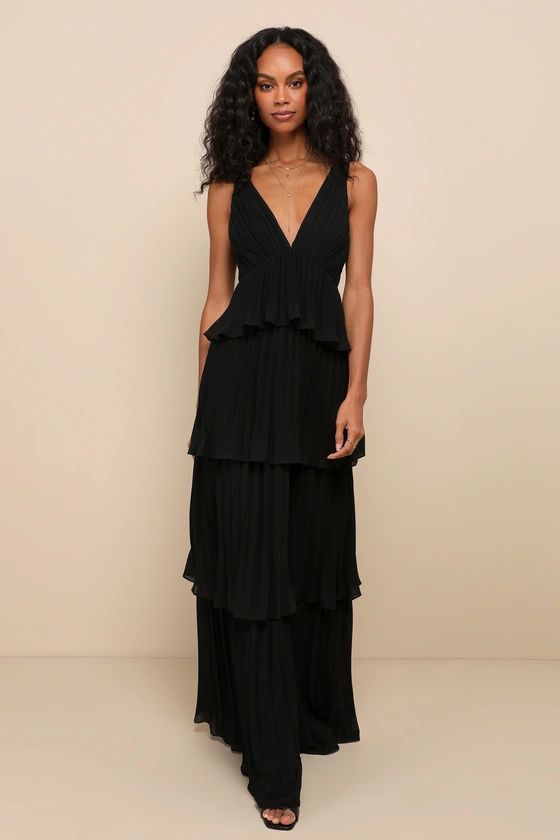 Mesmerizing Essence Black Pleated Backless Tiered Maxi Dress | Lulus