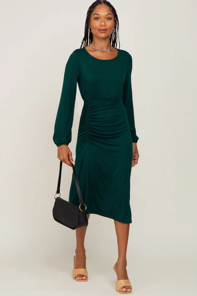 Hunter Green Long Sleeve Ruched Midi Dress | PinkBlush Maternity