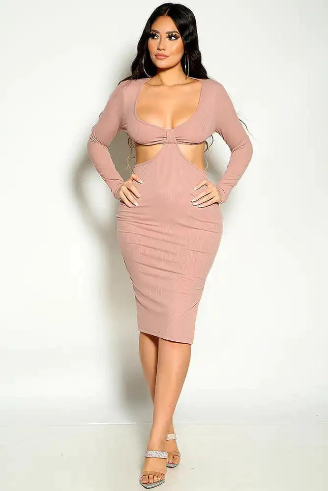Dusty Pink Long Sleeve Ribbed Cut Out Knee Length Dress | Ami Club Wear