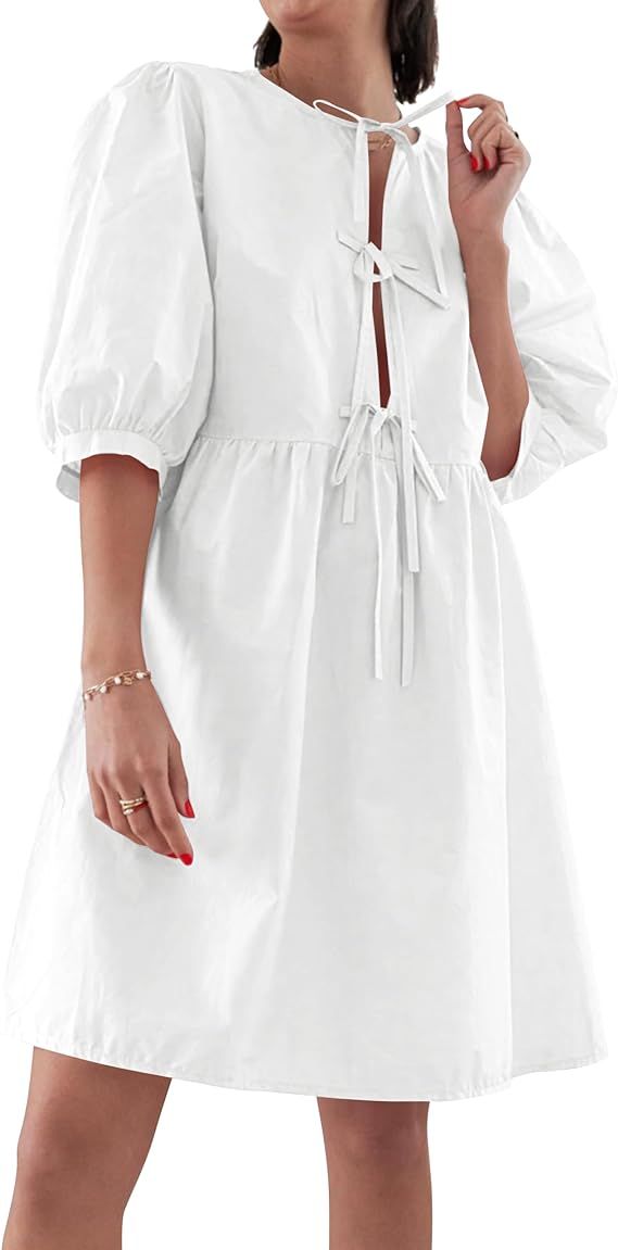 AKLOPVII Women's Summer Dresses Tie Up Puff Sleeve Midi Dress Crew Neck Loose Fit Casual Y2K Beac... | Amazon (US)