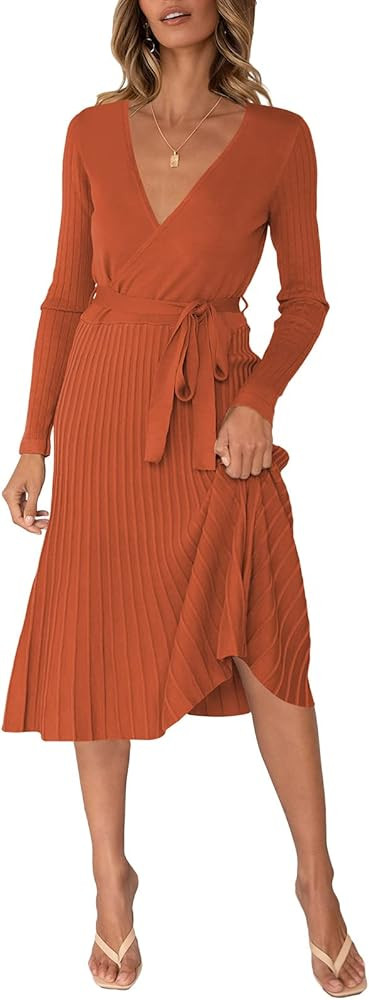 Pink Queen Women's Wrap Sweater Dress V Neck Long Sleeve Ribbed Swing Knit Midi Dresses with Belt | Amazon (US)