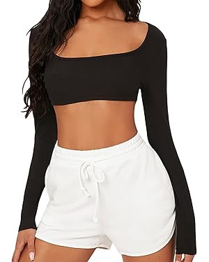 Verdusa Women's Square Neck Slim Fitted Crop Top Tee Long Sleeve T Shirt | Amazon (US)